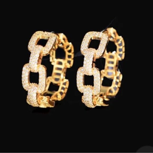 18K Gold plated Zirconia Chain Hoop Earrings - Picture 1 of 11